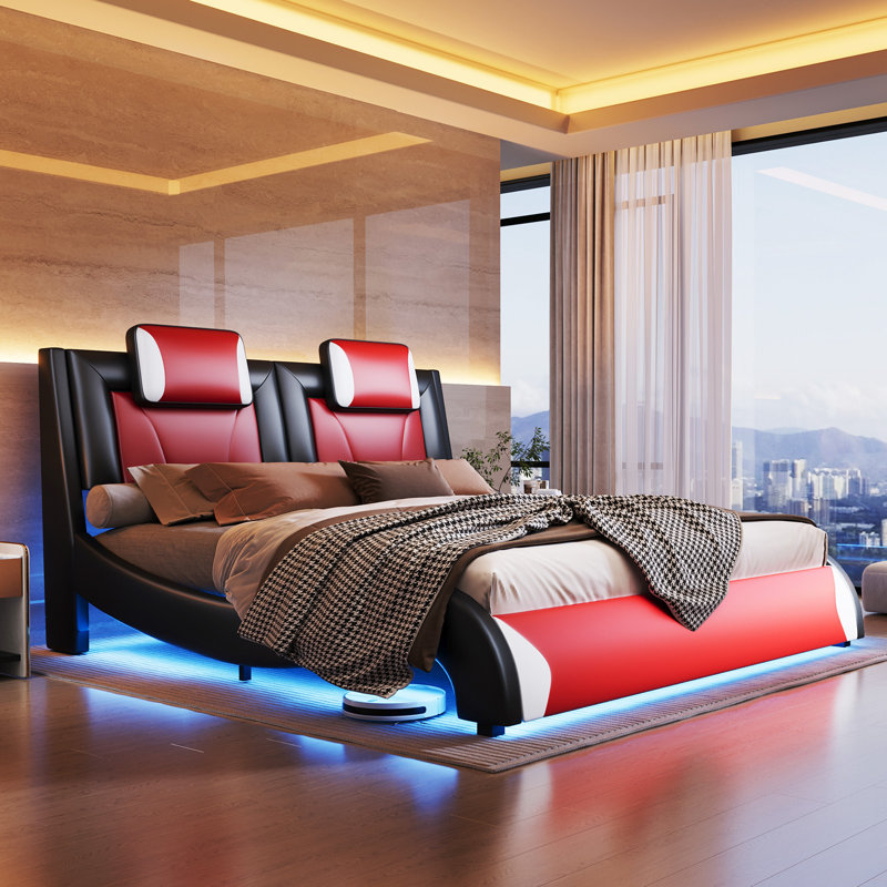 Madray Faux Leather Upholstered Floating Platform Bed with LED Lights , Red, Queen