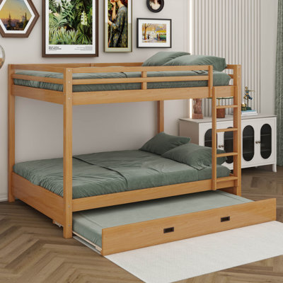 Modern Queen Over Queen Bunk Bed With Trundle, Solid Wood Bunk Bed Frame With Ladder And Guardrail For Kids Teens Adult