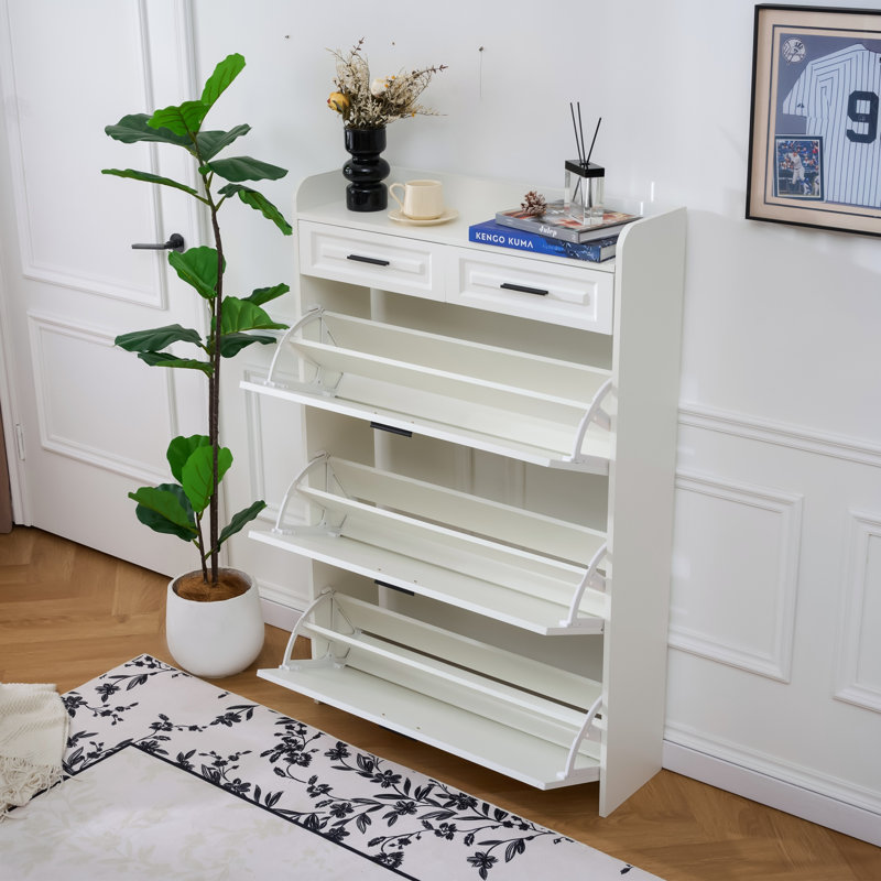 Two Drawers, Three-Fold Doors, Large Storage Shoe Cabinet, White, White