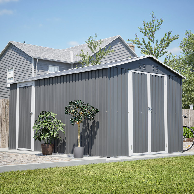 Remise de rangement extérieure en métal 8 x 12 pi avec porte latérale supplémentaire, grande remise à outils avec 2 portes verrouillables pour un accès facile, structure en aluminium, rangement pour patio