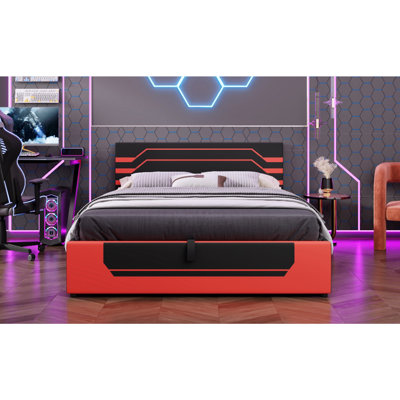 Cadre de lit pour grand lit avec rangement hydraulique, lit plateforme Cyberpunk Esports pour les joueurs, noir et rouge