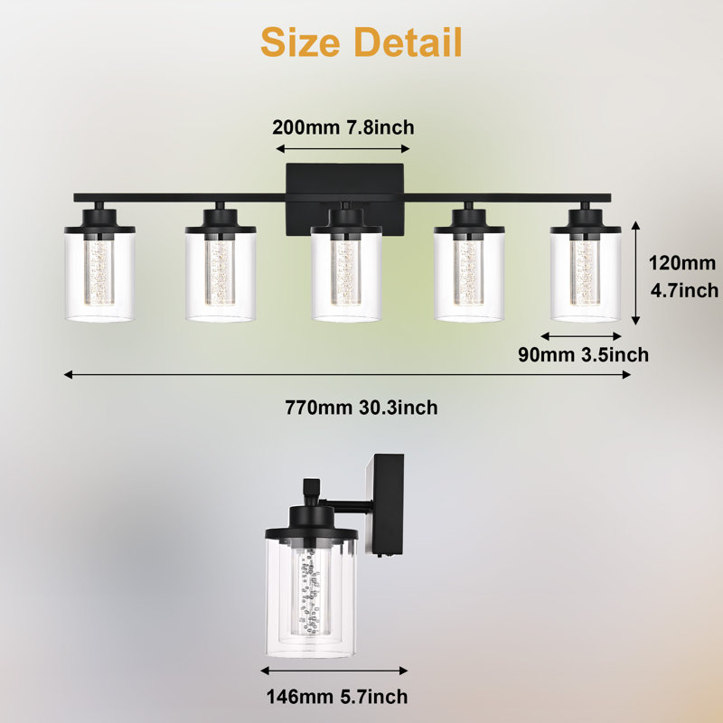 Luminaire de salle de bain noir à 5 lumières pour salle de bain, abat-jour en verre transparent, bulle de cristal, lumière de meuble-lavabo à DEL à intensité variable