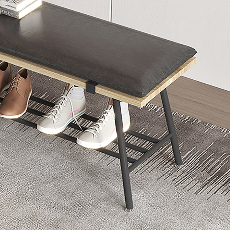 31.5in Wrought Iron Frame Shoe Storage Bench, Black/Natural Wood