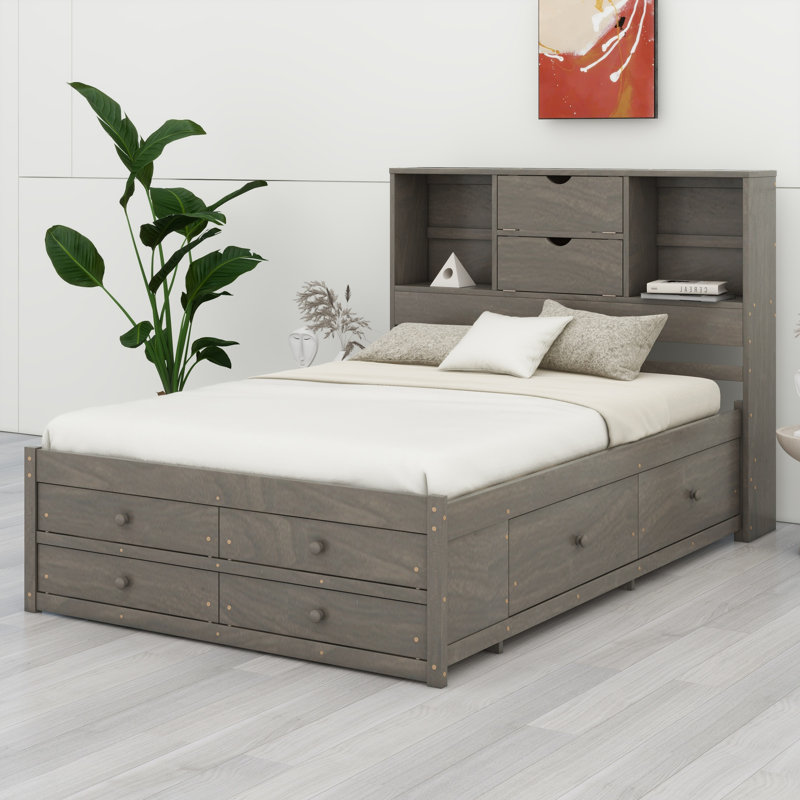 Lit plateforme avec tête de lit avec rangement et 8 tiroirs, Gris, Grand lit