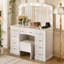Meuble-lavabo luxueux avec 10 ampoules Hollywood, 3 modes d'éclairage couleur, une coiffeuse classique avec tabouret rembourré et 9 tiroirs de rangement pour la chambre à coucher,