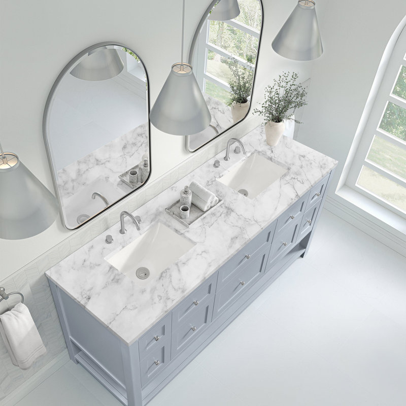 Breckenridge 72'' Double Bathroom Vanity with Top, Carrara White, 8" Widespread, Serenity Blue