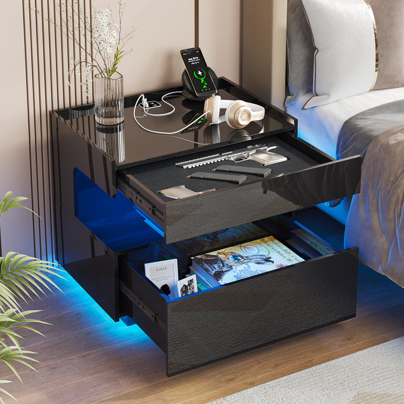 21.7'' W 2-Drawer Nightstand With Led Lights, Black