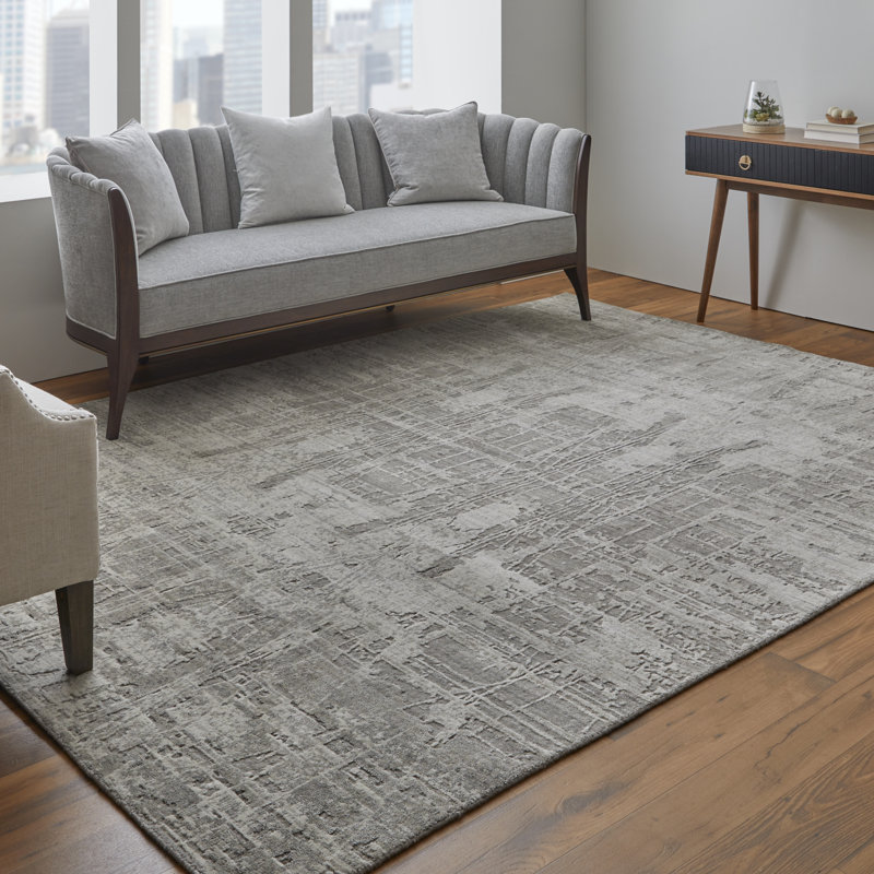 Tapis abstrait en viscose tissé à la main gris / ivoire, Rectangle 3 pi x 5 pi