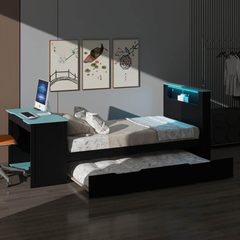 Le lit de jour Timber est livré avec un lit escamotable, un bureau, un éclairage à DEL et une connexion USB, Lit simple