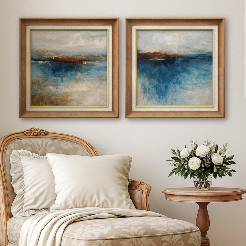 «Blue Toned Abstract Landscape - Art encadré en papier dans la chambre des maîtres», ensemble de 2 pièces