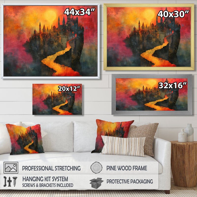 Décoration murale jaune et rouge, coucher de soleil, château magique I - châteaux, Toile tendue, H 24 po x l 32 po