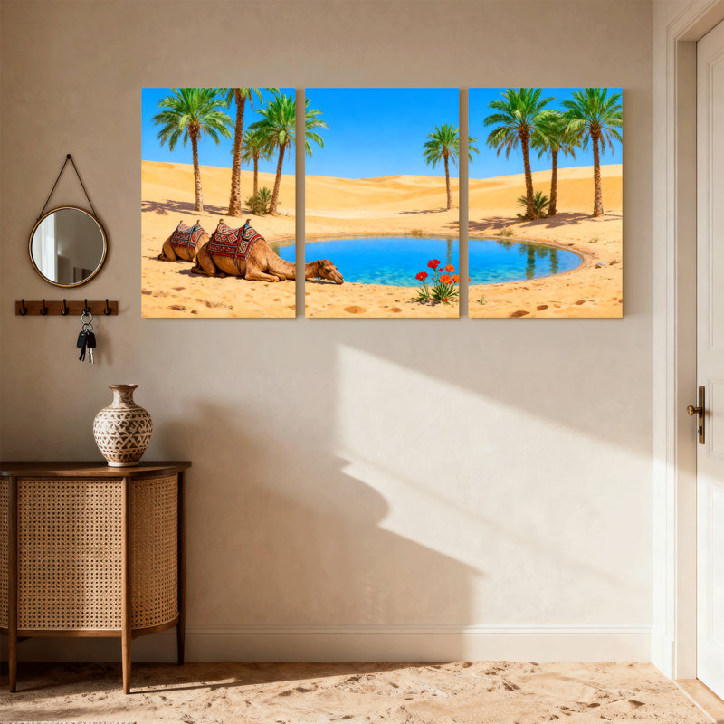 Scène et paysages urbains, oasis du désert avec chameaux et palmiers, ensemble de 3 impressions sur toile, H 18 po x l 36 po
