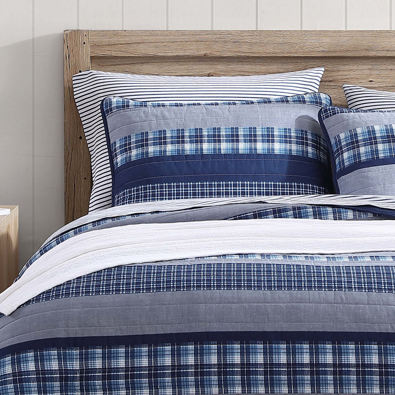 Navy Blue Chambray Solid Reversible Cotton Twin Quilt Set
