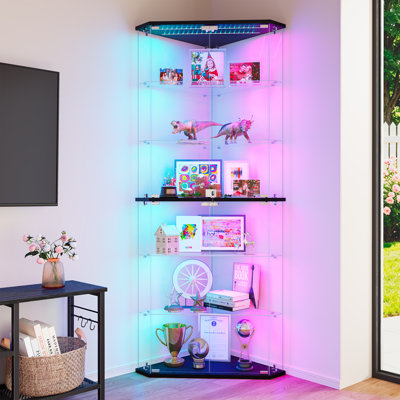 Vitrine de 71 po de haut avec lumières à capteur RVB, vitrine d'angle en verre avec serrure