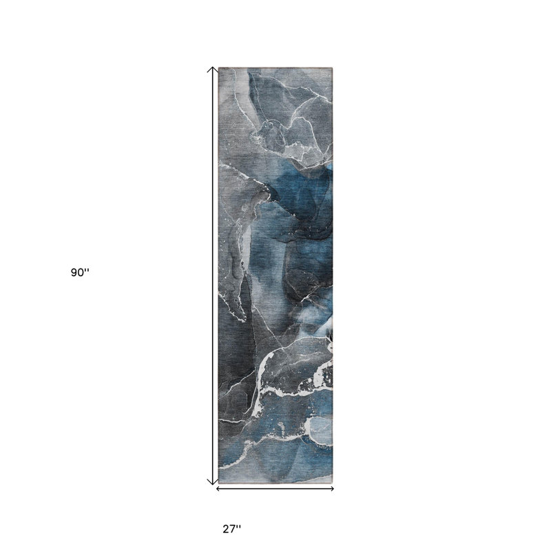 Tapis de couloir d'extérieur lavable abstrait bleu et gris 8 pi HomeRoots