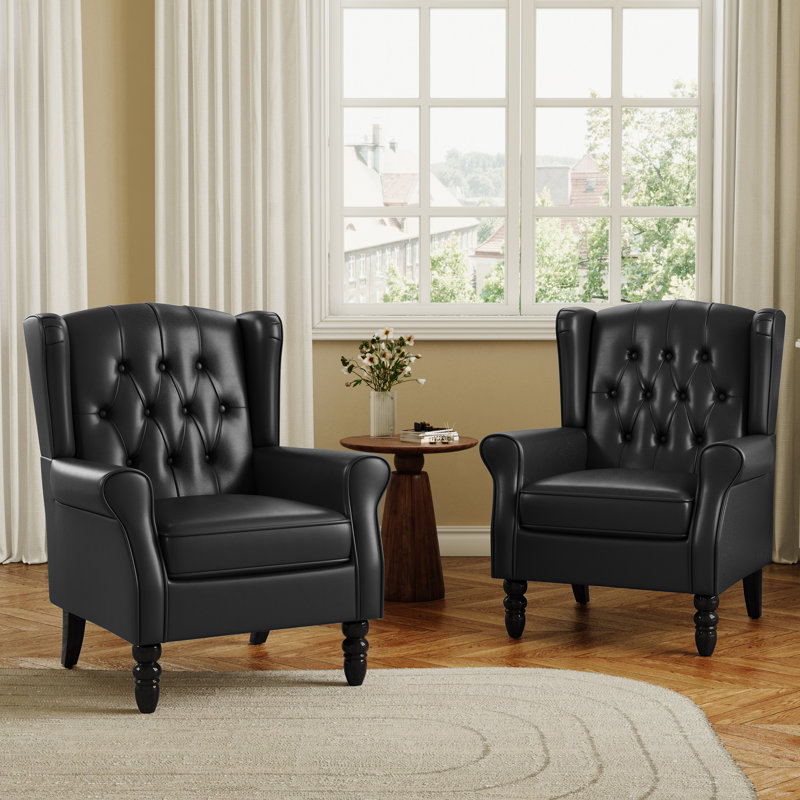 Duward Faux Leather Black Button Tufted Wingback Accent Chair with Rolled Arm and Thick Padded Cushion, Black Faux Leather