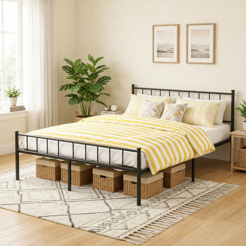 Structure de lit double, tête et pied de lit, structure stable, rangement sous le lit, aucun sommier requis, noir, Full