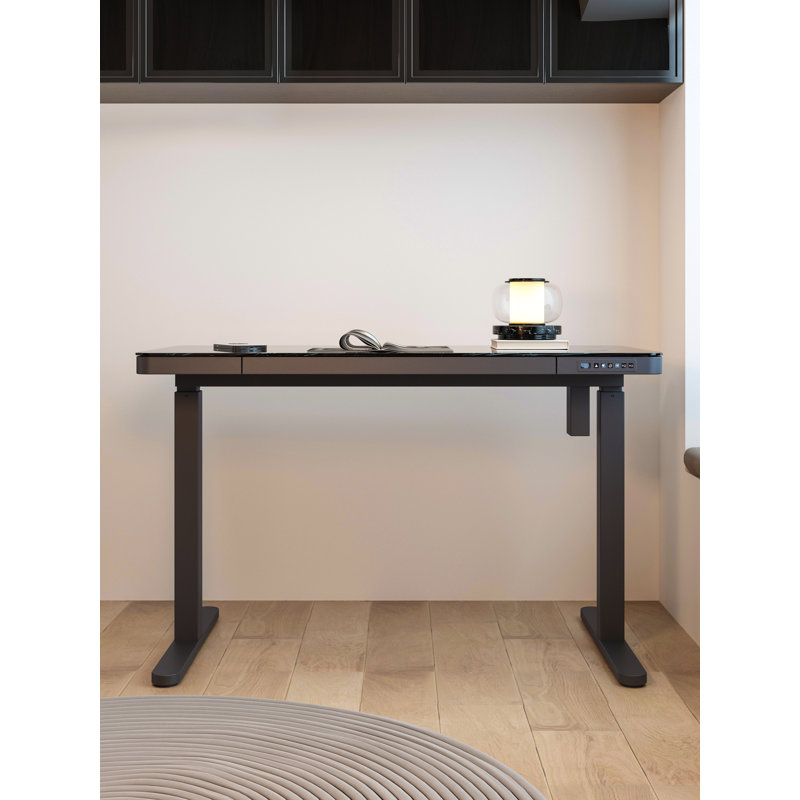 Almena Glass Top Standing Desk with Drawers & Wireless Charging, Black