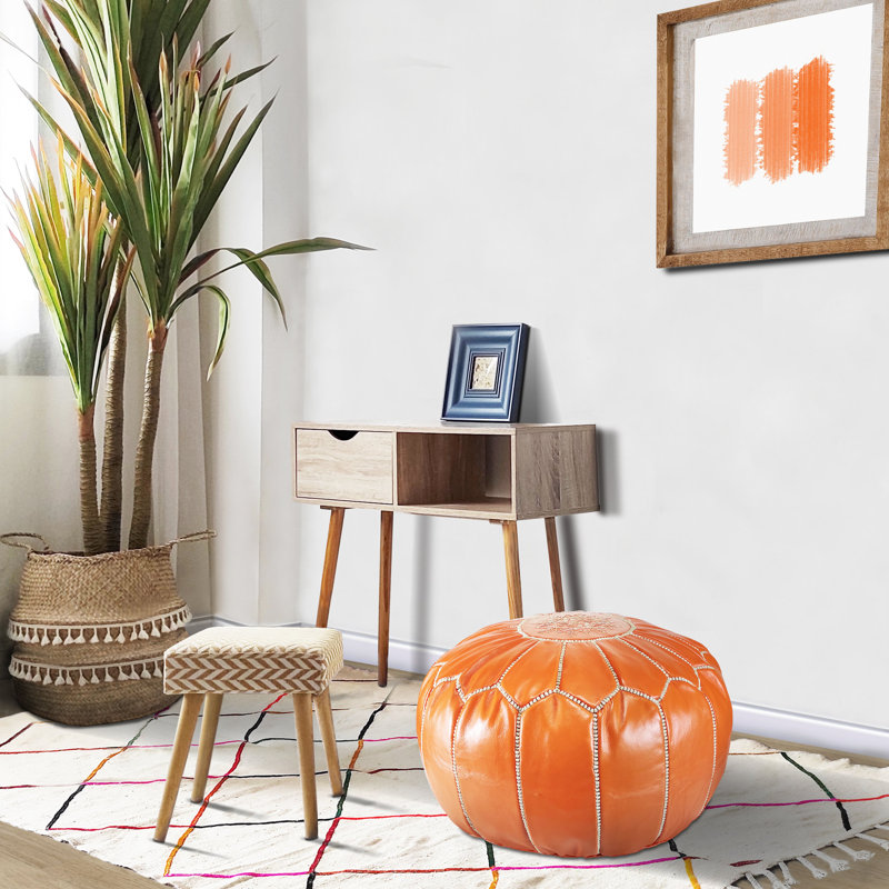 Leather Pouf, Orange Genuine Leather