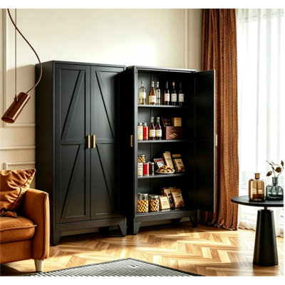 61" tall cabinet, made of metal. A storage cabinet suitable for the kitchen, featuring 2 doors and 3 adjustable shelves.(Black)