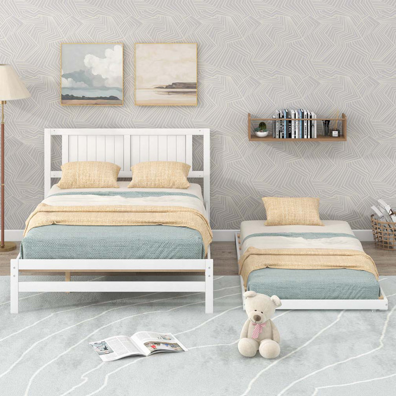 Platform Bed with Adjustable Trundle, White
