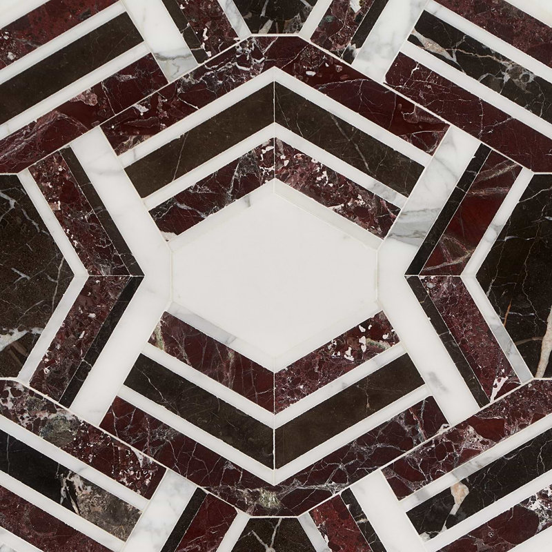 Mezzo 11x18 Polished Calacatta Marble Mosaic Tile, Bordeaux Polished