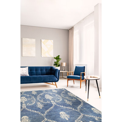 Tapis oriental ivoire en laine noué à la main bleu Timmy