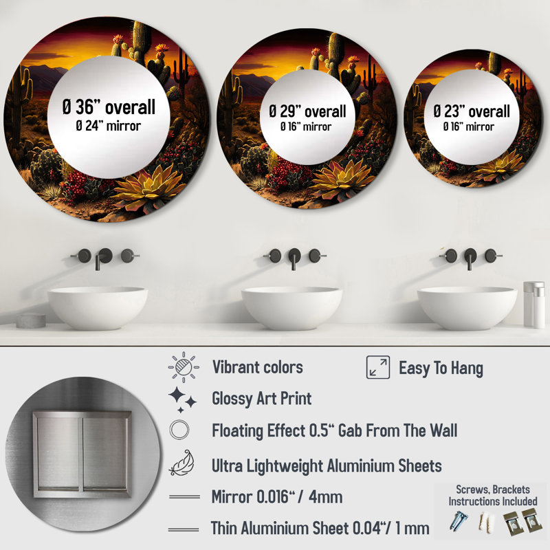 Prehaan Cactus In Desert II - Mountains Mirror, Traditional Round Unique Wall Mirror, Printed Metal Art, 29" x 29"