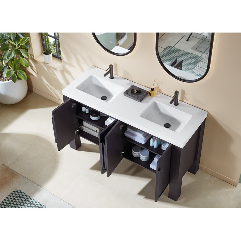 Meuble-lavabo double 60 po Munich, Blanc, Chêne espresso