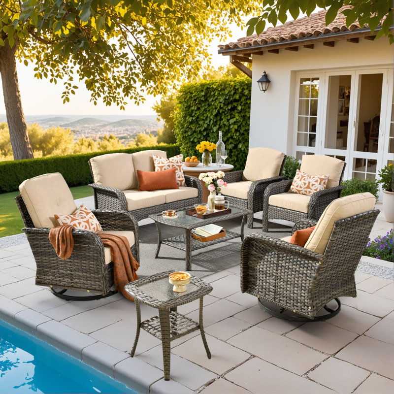 Allcot 6 - Person Wicker/Rattan Outdoor Loveseat Seating Group with Coffee Table and Cushions, All Weather Conversation Set for Garden Backyard
