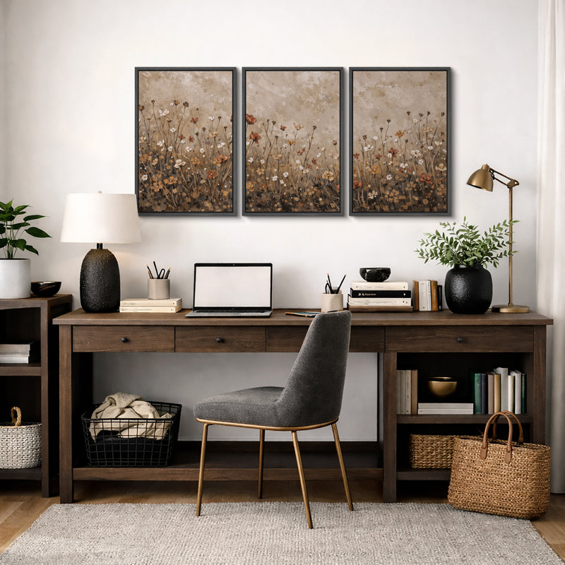Autumn Wildflower Meadow Artwork, Living Room Pictures, Framed Canvas Giclee Print Wall Art, Black Floater Frame