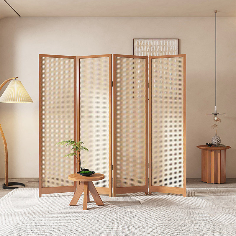 4 panneaux beige + rotin Burlywood + cloison pliante en bois massif, H 70,87 po x l 70,87 po x P 1,18 po