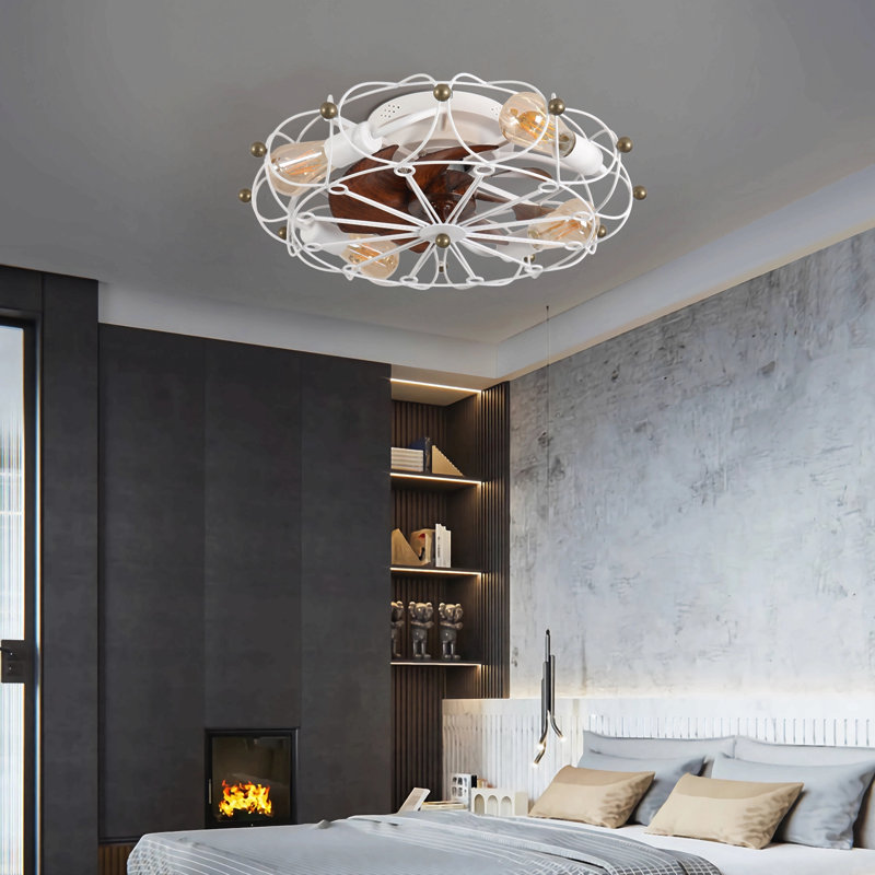 Ventilateur de plafond en cage à profil bas avec télécommande et lumières, ventilateur industriel intégré moderne, Blanc