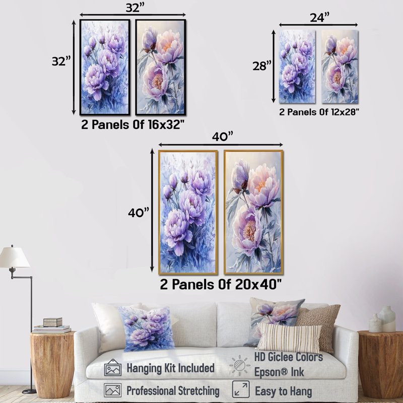 Lavande hivernale pivoines Embrace I - Art mural floral, 2 panneaux, H 28 po x l 25 po, Toile tendue