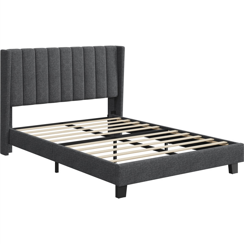 Upholstered Bed Frame with Channel Tufted Headboard, Dark Grey, Double (4'6)