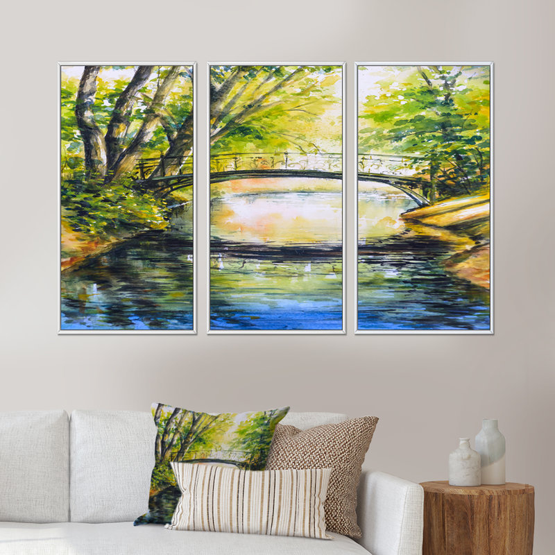 «Bridge Over Troubled Water In Forest Park», peinture sur toile flottante 3 pièces, H 32 po x l 48 po x P 1 po, Cadre blanc
