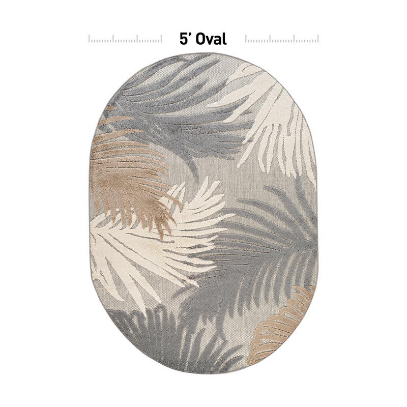 Hernandez Floral Indoor & Outdoor Area Rug, Oval 5' x 7', Beige/White/Gray
