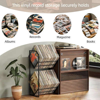 Support de rangement pour disque vinyle en métal à 2 niveaux avec design renforcé - peut contenir 200 lps, séparateurs réglables, base antidérapante pour une présentation et une organisation sécuritaires