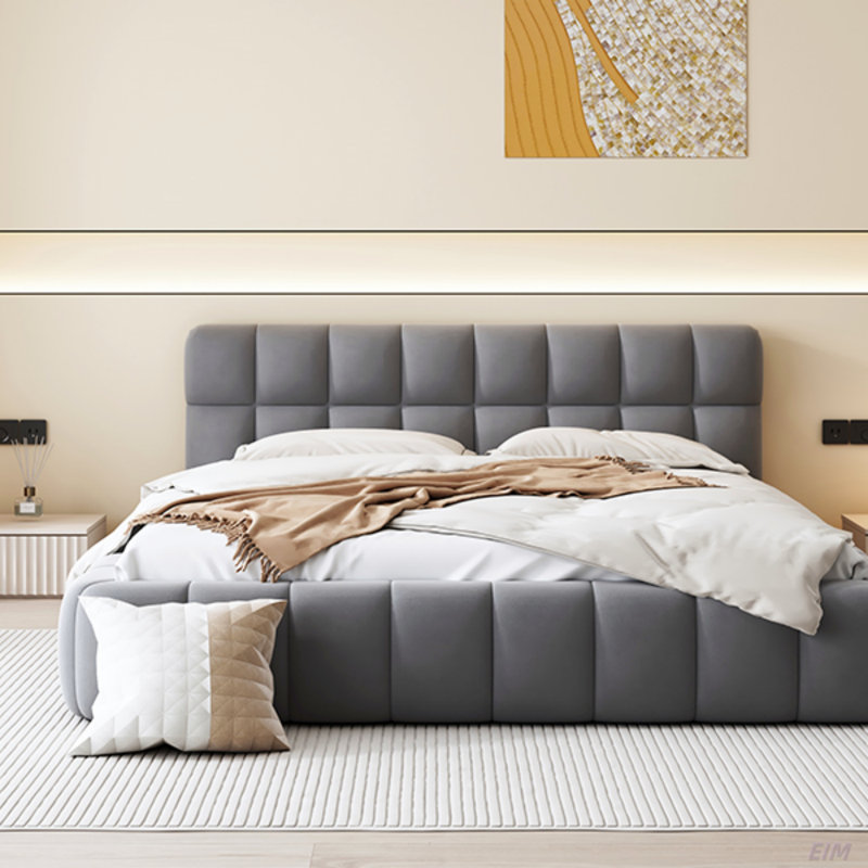 Grand lit plateforme tapissier avec tissu épais et lit au sol avec structure solide (lit), Gris