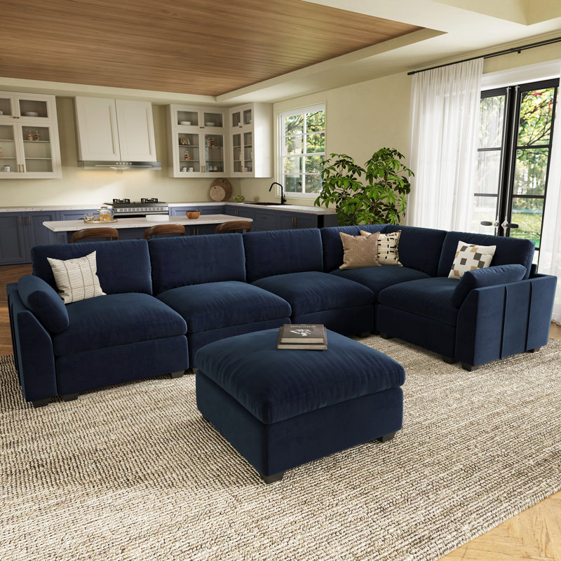 Modular L-Shaped Sectional with Removable Ottoman , Blue Velvet