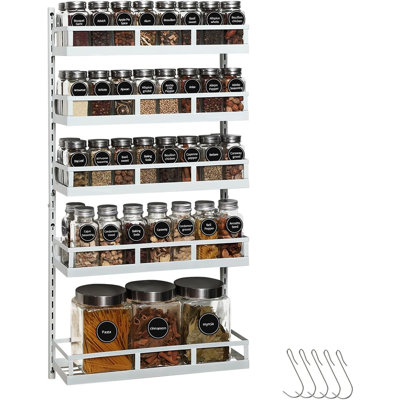 Wall Mount Spice Rack Organizer – White – 5-Tier Height-Adjustable Hanging Spice Shelf For Kitchen Or Pantry Cabinet Door, Dual-Use Seasoning Holder With Hooks