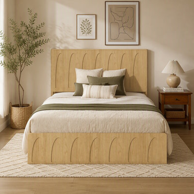 Structure de lit plateforme en bois massif avec tiroirs de rangement latéraux, support de lattes en bois de tête de lit courbée, aucun sommier nécessaire, lit de chambre en bois naturel minimaliste