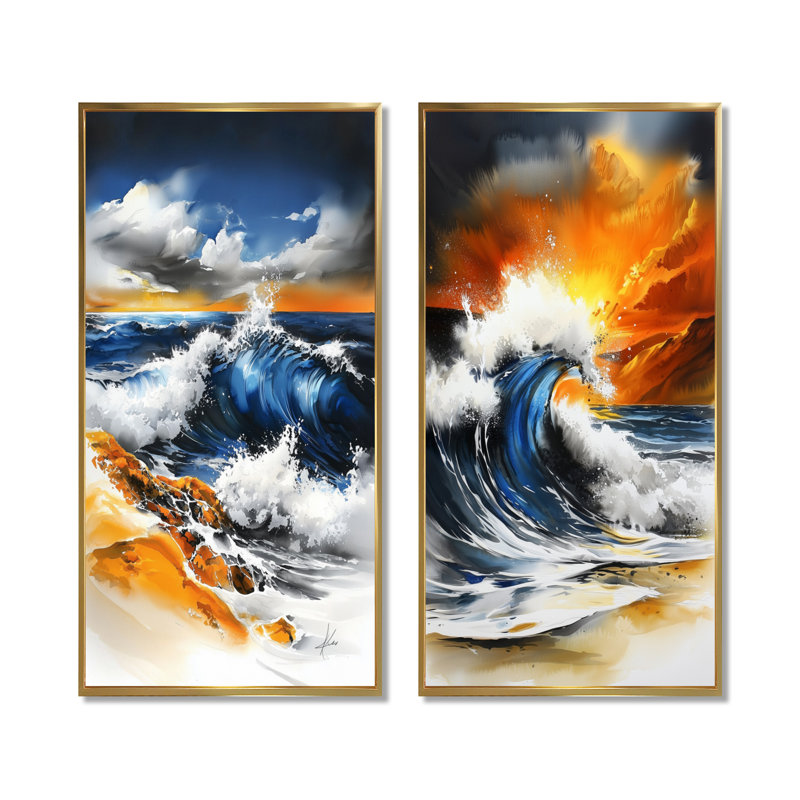 «Abstract Ocean Waves in California I», art mural sur toile 2 pièces, Cadre flottant doré, H 32 po x l 32 po