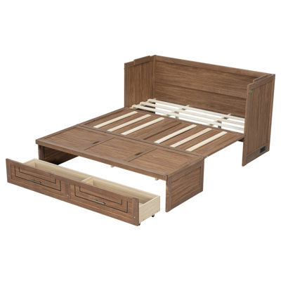 Grand lit escamotable avec station de charge intégrée et tiroir de rangement divisé, armoire-lit en bois de pin massif avec panneaux à rainures géométriques en forme de U, finition noyer clair