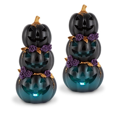 Lighted Stacked Black Resin Pumpkin