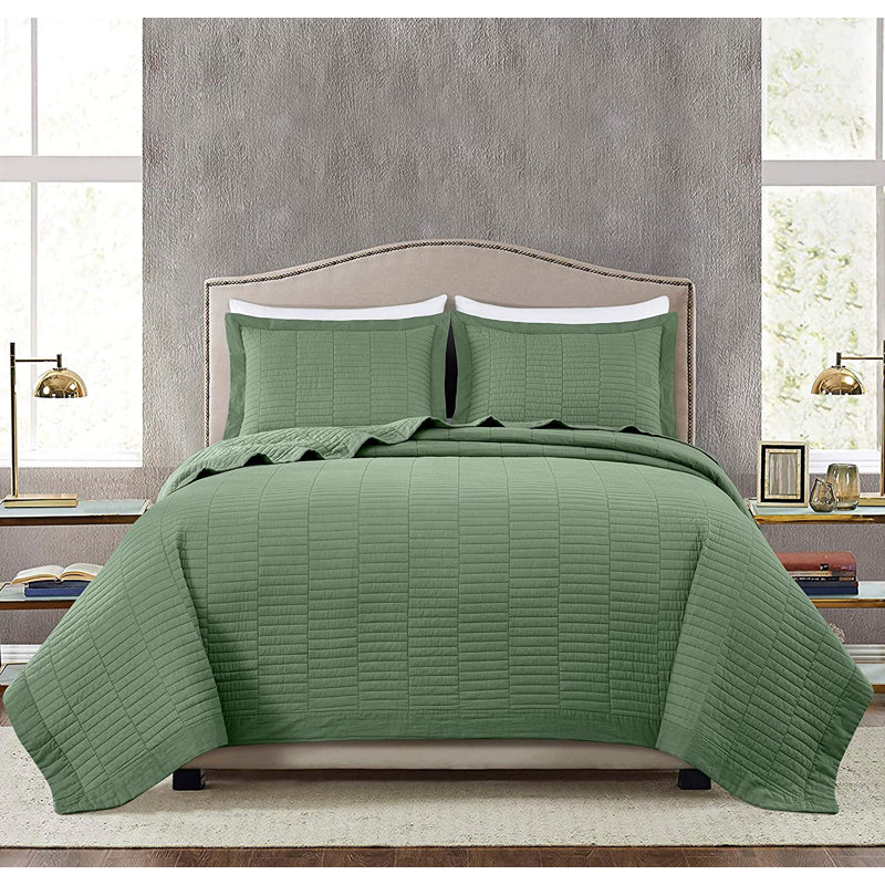 Solid Color Cotton Quilt Flange Border 3 Piece Quilt Set, Queen Quilt + 2 Standard Shams, Sage