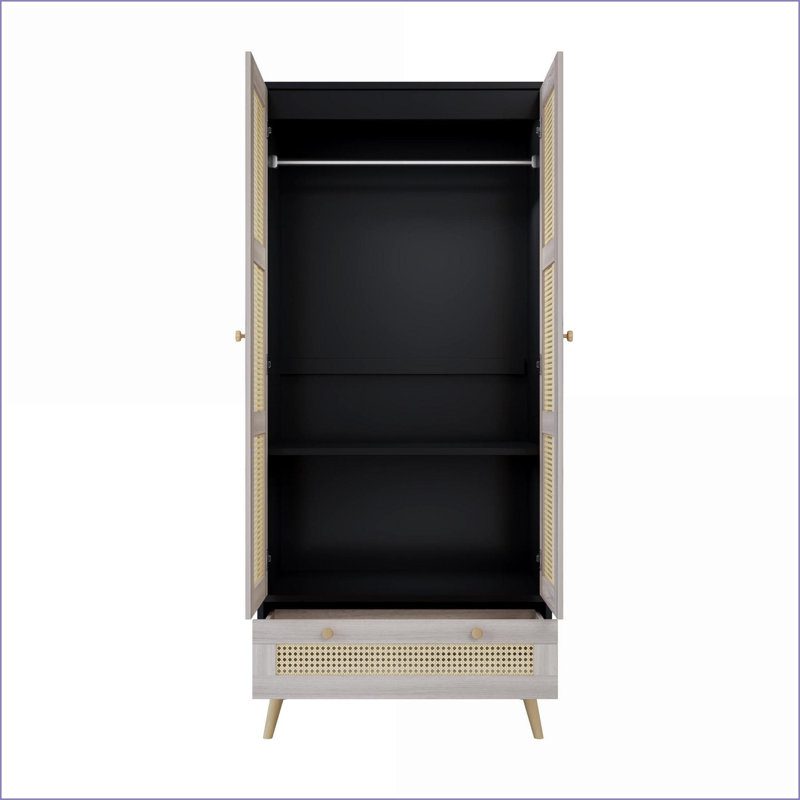 Commodes et amp; Garde-robe, garde-robe Boho de 70,8 po de hauteur avec 2 portes en rotin, 1 tiroir et Tige suspendue | Naturel + noir | Panneau de particules