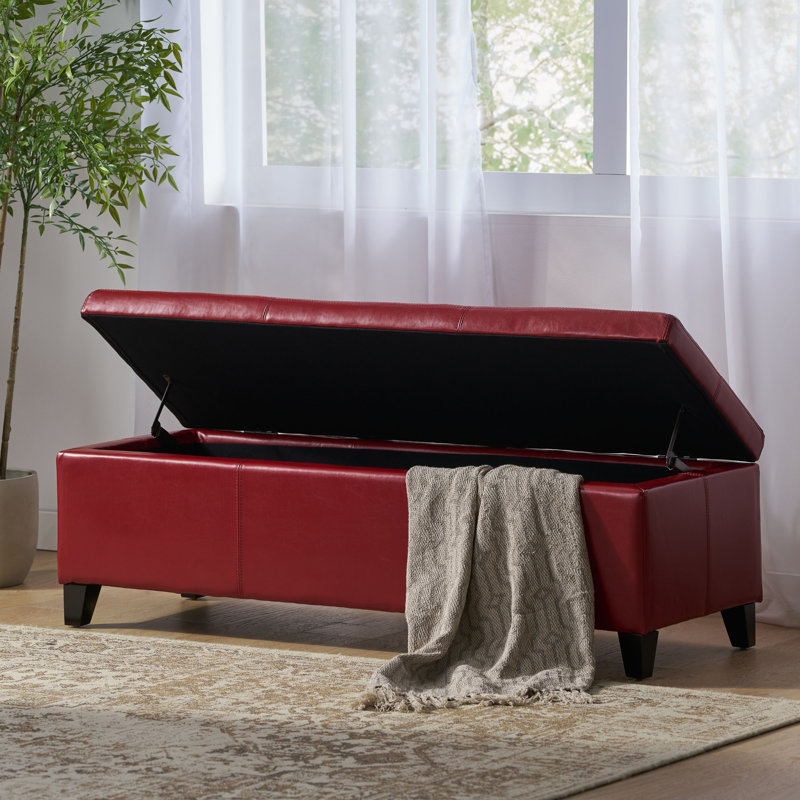 Repose-pieds rembourré avec rangement en cuir de polyuréthane, pieds en bois massif, Red, Red