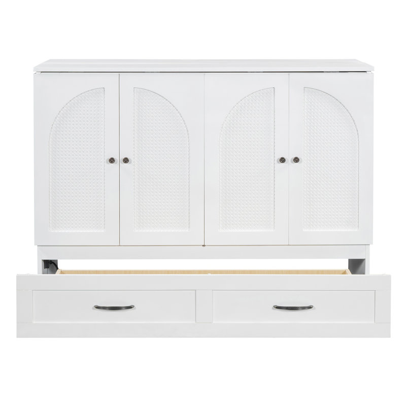 Lit escamotable pleine grandeur avec grands tiroirs de rangement - Lit armoire peu encombrant, assemblage facile, finition blanche