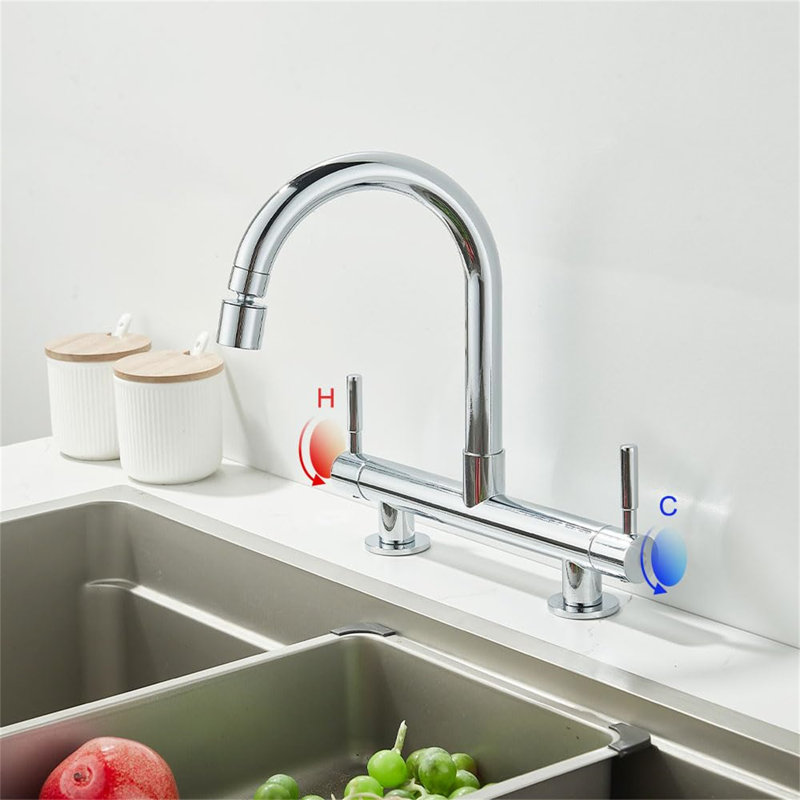 2 Hole Kitchen Sink Mixer Tap, Bridge Kitchen Mixer Taps, Stainless Steel